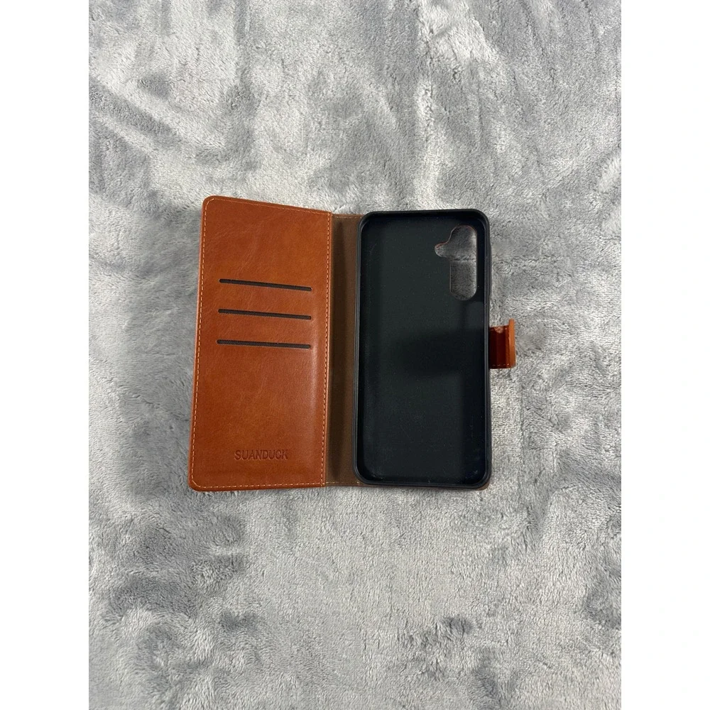 Suanduck Brown Faux Leather Wallet Folio Phone Case with Card Slots Magnetic Tab